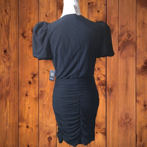 Express Women's Small Black Short Puff Sleeve Faux Wrap Ruched Dress New LBD - Picture 6 of 6